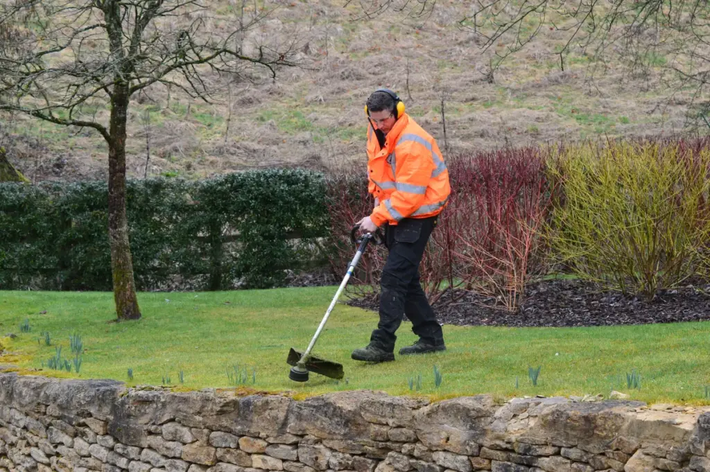 A silver tree services staff member uses a strimmer to cut the edge of a lawn.